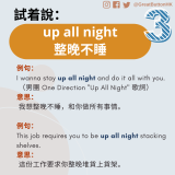 up all night 整晚不睡 例句： I wanna stay up all night and do it all with you.  （男團 One Direction "Up All Night" 歌詞） 意思：  我想整晚不睡，和你做所有事情。  例句： This job requires you to be up all night stacking shelves.  意思：  這份工作要求你整晚堆貨上貨架。