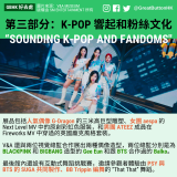 2023 exhibitions - 12 第三部分：K-pop 響起和粉絲文化 “Sounding K-pop and Fandoms" 展品包括人氣偶像 G-Dragon 的三米高巨型雕塑、女團 aespa 的  Next Level MV 中的原創彩虹色服裝，和男團 ATEEZ 成員在  Fireworks MV 中穿過的英國龐克風格套裝。  V&A 還與兩位視覺總監合作展出兩種偶像造型，兩位總監分別是為 BLACKPINK 和 BIGBANG 造型的 Gee Eun 和跟 BTS 合作過的 Balko。  最後館內還設有互動式舞蹈挑戰賽，邀請參觀者體驗由 PSY 與  BTS 的 SUGA 共同製作、BB Trippin 編舞的 “That That” 舞蹈。