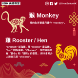 11 猴 Monkey： 猴的生肖普遍只譯作 "monkey"。  雞 Rooster / Hen： "Chicken" 泛指雞，而 "rooster" 是公雞，"hen" 則指母雞。"Chicken" 一字在英語亦有「膽小」和「懦弱」的意思， 所以會較少人說自己是 "chicken"。