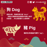 12 狗 Dog： 提提大家，狗乸的英文是 "bitch"（相信大家都知道這個是亦有罵人婊子的意思），所以絕對要小心使用啊！  豬 Pig： 豬的生肖普遍只譯作 "pig"。