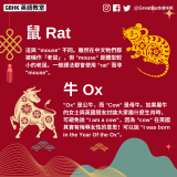 7 鼠 Rat： 這與 "mouse" 不同。雖然在中文牠們都被稱作「老鼠」，但 "mouse" 是體型較小的老鼠。一般譯法都會使用 "rat" 而非 "mouse"。  牛 Ox： "Ox" 是公牛，而 "Cow" 是母牛。如果屬牛的女士與英國朋友討論大家屬什麼生肖時，可避免說 "I am a cow"，因為 "cow" 在英國其實有侮辱女性的意思！可以說 "I was born in the Year Of the Ox"。