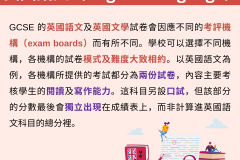 GCSE 的英國語文及英國文學試卷會因應不同的考評機構（exam boards）而有所不同。學校可以選擇不同機構，各機構的試卷模式及難度大致相約。以英國語文為例，各機構所提供的考試都分為兩份試卷，內容主要考核學生的閱讀及寫作能力。這科目另設口試，但該部分的分數最後會獨立出現在成績表上，而非計算進英國語文科目的總分裡。