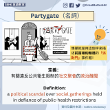 Partygate（名詞）定義： 有關違反公共衛生限制的社交聚會的政治醜聞  Definition: a political scandal over social gatherings held in defiance of public-health restrictions