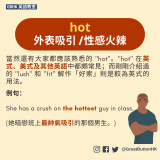 hot 外表吸引 /性感火辣 當然還有大家都應該熟悉的 "hot"。"hot" 在英式、美式及其他英語中都頗常見；而剛剛介紹過的 "lush" 和 "fit" 解作「好索」則是較為英式的用法。例句：  She has a crush on the hottest guy in class.  (她暗戀班上最帥氣吸引的那個男生。)