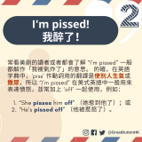 I’m pissed! 我醉了！ ‘pissed’ 這個字十分有趣，因為它在英美兩地間的意思可以完全不同！在英語字典中，‘piss’ 作動詞用的翻譯是使別人生氣或撒尿，所以 “I’m pissed” 在美式英語中有「我被氣炸了」的意思，並常加上 ‘off’ 一起使用，例如 “She pisses him off” （她惹到他了）或 “He’s pissed off” （他被惹怒了）。
