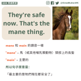 They're safe now. That's the mane thing. mane 和 main 的讀音一樣  "mane" = 馬（或其他哺乳類動物）頸部上的長髮  "main" = 主要的  所以句子原意是：  「最主要的是牠們現在都安全了」