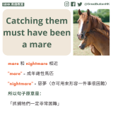 Catching them must have been a mare mare 和 nightmare 相近  "mare" = 成年雌性馬匹  "nightmare" = 惡夢（亦可用來形容一件事很困難）  所以句子原意是：  「抓捕牠們一定非常困難」
