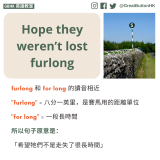Hope they weren’t lost furlong furlong 和 for long 的讀音相近  "furlong" = 八分一英里，是賽馬用的距離單位  "for long" = 一段長時間  所以句子原意是：  「希望牠們不是走失了很長時間」