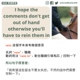 I hope the comments don't get out of hand otherwise you'll have to rein them in rein 這個字本身有幾個意思  名詞 "rein" = 韁繩  動詞用法 "rein in" = 勒住韁繩引導馬匹 / 控制一下  所以句子原意是：  「我希望這些留言不要太失控，不然的話你們需要控制一下」