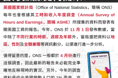 20231104_英國國家統計局（Office of National Statistics，簡稱 ONS）每年也會根據其工時和收入年度調查（Annual Survey of Hours and Earnings，簡稱 ASHE）所搜集的資料而發表有關英國工資的報告。今年，ONS 於 11 月 1 日發佈數據，當中除了不同行業的時薪、週薪及年薪外，當局還把資料以地區、性別及全職兼職等資訊劃分，以便進行進一步分析。值得留意的是，ONS 一般都於 4 月份進行這個調查，因此最新的報告未必能完全準確地反映現時的實況。另外，今年的調查資料是從全英國勞動人口的 1% 而來，亦即大約 156,000 人。雖然如此，這份報告仍有著相當的參考價值。