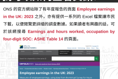 20231104_ONS 的官方網站除了有年度報告的頁面 Employee earnings in the UK: 2023 之外，亦有提供一系列的 Excel 檔案讓市民下載，以便閱覽更詳細的調查數據。如果讀者有興趣的話，可於該網搜尋 Earnings and hours worked, occupation by four-digit SOC: ASHE Table 14 的頁面。