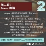 第二類： Beers 啤酒 Lager = 最淺色清澈的啤酒；例如 Stella、 Heineken 和 Amstel IPA = 亦即 India Pale Ale，是酒花（hops）                    香氣較濃的啤酒；例如 Brewdog Ale = 麥酒，是琥珀色、酒體較濃（cloudy）的                     啤酒；例如 Hobglobin，有很多小型啤酒                   廠製造的手工啤也屬這類 Stout = 烈性黑啤，是最深色、由烘焙過的麥芽                       或大麥造的啤酒；例如 Guiness 小知識：英語中有一個形容詞 “hoppy” 用來形容濃郁的酒花氣味。