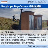 GBHK好去處 - 24 Greyhope Bay Centre 特色逐個看 (3) 「環保廁所」 中心設有兩個像圓形木屋的乾式堆肥廁所，利用風和陽光分解遊客排放的「有機物」。每個廁所都連接到一個朝南的煙囪，而煙囪會將馬桶內的空氣向上拉，從而蒸發液體並乾燥固體廢物，使其更快分解。