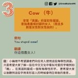 Cow （牛）  非常「英國」的冒犯性俚語， 意指愚蠢或討厭的女人 （而且多數是女性對女性說的）。例句 You stupid cow!  翻譯 你這個蠢女人！註：小編絕不希望讀者們向任何人使用這些侮辱性詞語，只是希望大家了解一些在中文文化中看似可愛的字眼例如「豬」，在英語則變成一個有侮辱性的字， 更希望大家以後聽到這些字用來形容人的時候會明白背後的意思 。