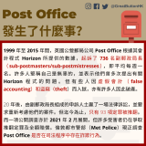 1999 年至 2015 年間，英國公營郵局公司 Post Office 根據其會計程式 Horizon 所提供的數據，起訴了 736 名副郵政局長（sub-postmasters/sub-postmistresses），即平均每週一名。許多人堅稱自己是無辜的，並表示他們曾多次提出有關 Horizon 程式的問題。但有些人因虛假會計（false accounting）和盜竊（theft）而入獄，亦有許多人因此破產。  20 年後，由副郵政局長組成的申訴人士贏了一場法律訴訟，並要求重新考慮他們的案件。但迄今為止，只有 93 項定罪被推翻。而一項公開調查亦於 2021 年 2 月展開，但許多受害者仍在爭取推翻定罪及全額賠償。倫敦都市警部（Met Police）現正調查 Post Office 是否在司法程序中存在詐欺行為。