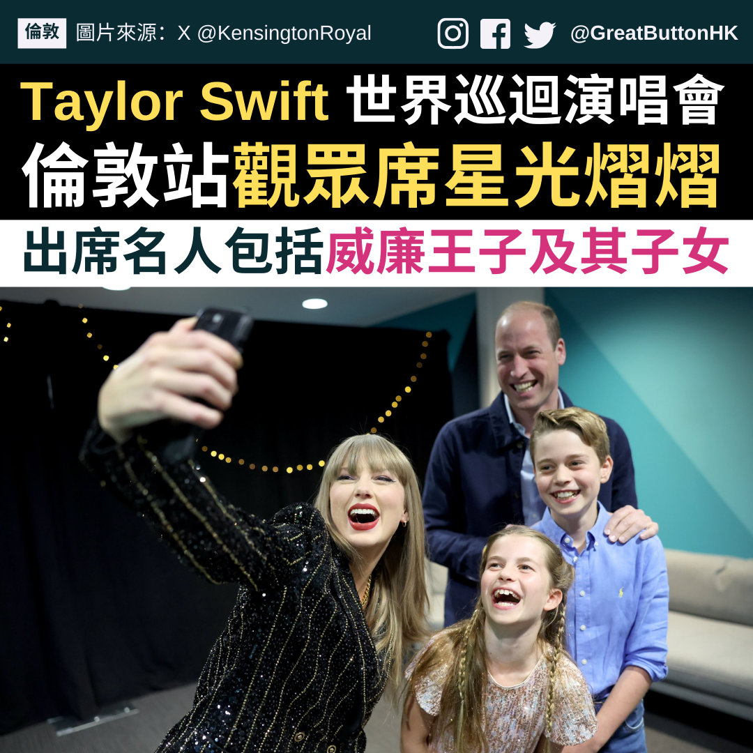 美國樂壇天后 Taylor Swift 的世界巡迴演唱會 The Eras Tour 最近在英國進行得如火如荼。繼在愛丁堡、利物浦和卡迪夫表演後，她終於前天（6 月 21 日）展開一連三日的倫敦站表演，並吸引不少名人前往觀賞，當中甚至包括威爾斯親王威廉（Prince of Wales, William）及其子女。 據報，工黨領袖 Sir Keir Starmer、名模 Cara Delevingne 及在《柏捷頓家族：名門韻事》（Bridgerton）中飾演女主角的演員 Nicola Coughlan 等名人出席了 Swift 第一晚的演出，而威廉王子和其子女都是座上客，他更和 Swift 於昨日各自在自己的社交帳戶發文，分享大家當晚在後台自拍的照片，Swift 所發布的照片亦包括她的美式足球員男友 Travis Kelce。 雖然第一晚的「觀眾陣容」已是十分鼎盛，但第二場演出其實反而更多荷里活明星出席，例如湯告魯斯（Tom Cruise）、曉格蘭（Hugh Grant）、Ashton Kutcher 及其妻 Mila Kunis 等等。至於今晚，貴賓觀眾席則出現數個知名音樂人，包括是披頭四（The Beatles）的保羅麥卡尼（Sir Paul McCartney）、壯邦祖飛（Jon Bon Jovi）及女歌手 Ellie Goulding。 The Eras Tour 為 Swift 第六個巡迴演唱會，亦是她目前規模最大的一個。演唱會由去年 3 月開始直至今年 12 月，地點橫跨五大洲。她接下來將會移師到愛爾蘭都柏林（Dublin）繼續行程，但就會在 8 月 15 日起一連五天再到倫敦溫布萊球場（Wembley Stadium）演出。有指 Swift 這趟表演估計能為倫敦帶來總值三億英鎊的經濟收益。為了歡迎她，白金漢宮（Buckingham Palace）前日就在衛兵交更奏樂時特別奏出她其中一首代表作 Shake It Off，而倫敦交通局（Transport for London）亦推出了 Taylor Swift 版的倫敦地鐵路線圖。